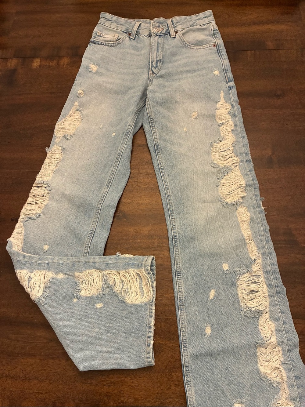 Zara Wide Leg Jeans Women’s 0 Ripped Distressed Light Wash Blue Mid Rise
